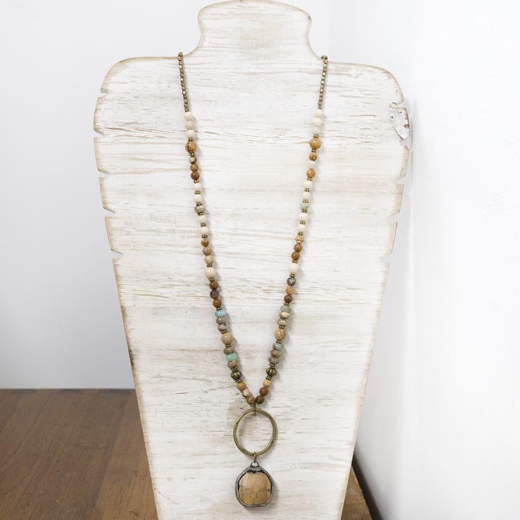 Antique gold necklace with natural stone and natural wood charm 2 per pack G1433A