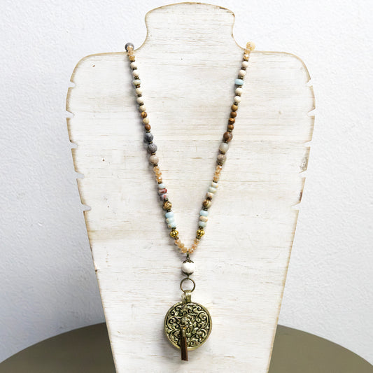 Crystal and wood necklace with enamel face charm 2 per pack G1454A