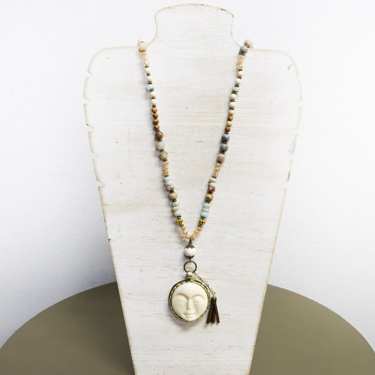 Crystal and wood necklace with enamel face charm 2 per pack G1454A