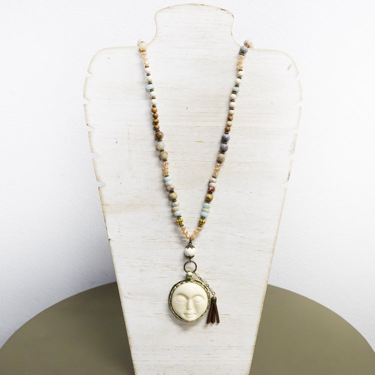 Crystal and wood necklace with enamel face charm 2 per pack G1454A