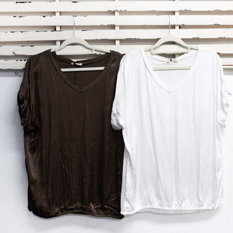 Chocolate silk blend v neck top with detail short sleeve and cotton back 2 per pack G20564CH