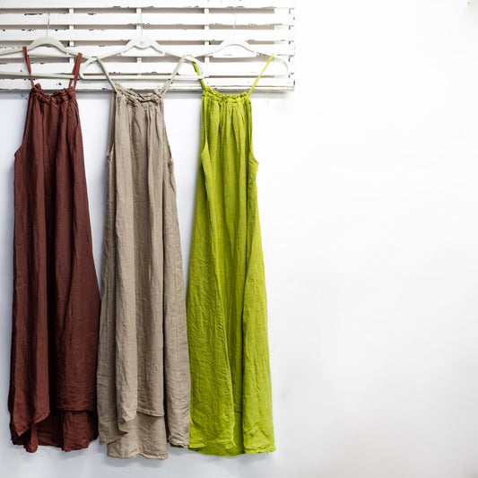 Almond linen shoe string dress with tie back 2 per pack   G20950A