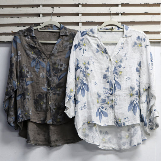 Citrine linen flower print top with collar and buttons 2 per pack G20984CI
