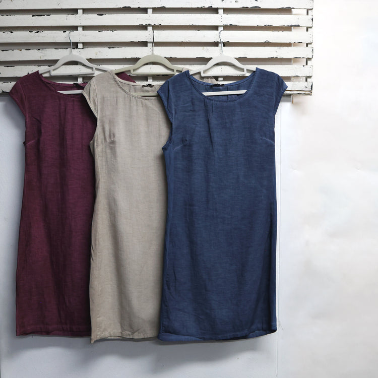 Natural linen blend dress with side panel 2 per pack    G28443N