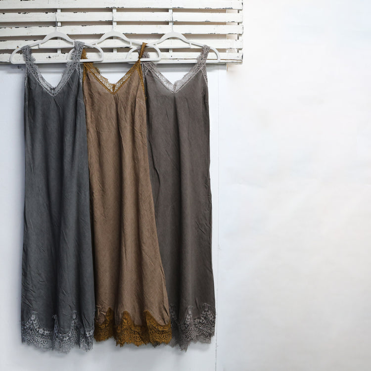 Camel linen blend dress with lace straps and hem detail 2 per pack  G28636C