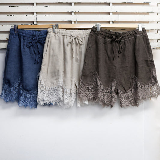 Brown linen blend shorts with lace detail 2 per pack     G28758M