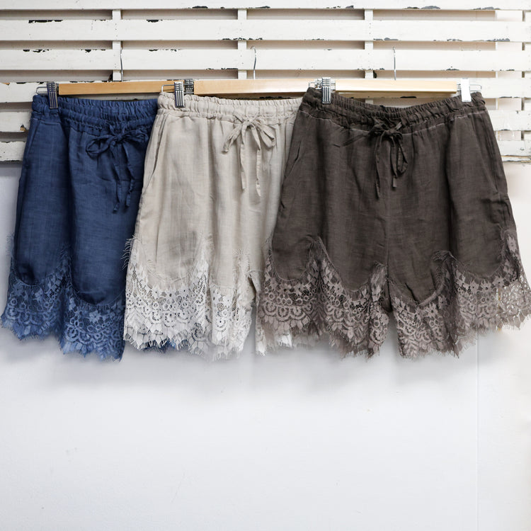 Brown linen blend shorts with lace detail 2 per pack     G28758M