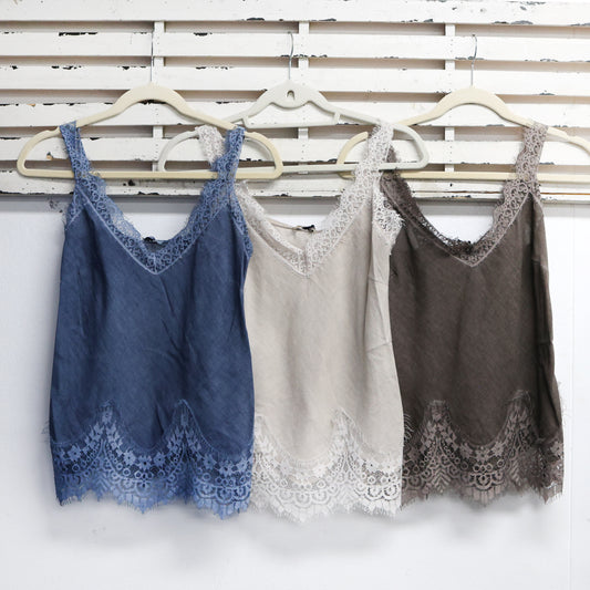 Mocha linen blend top with lace straps and hem detail 2 per  G28857M