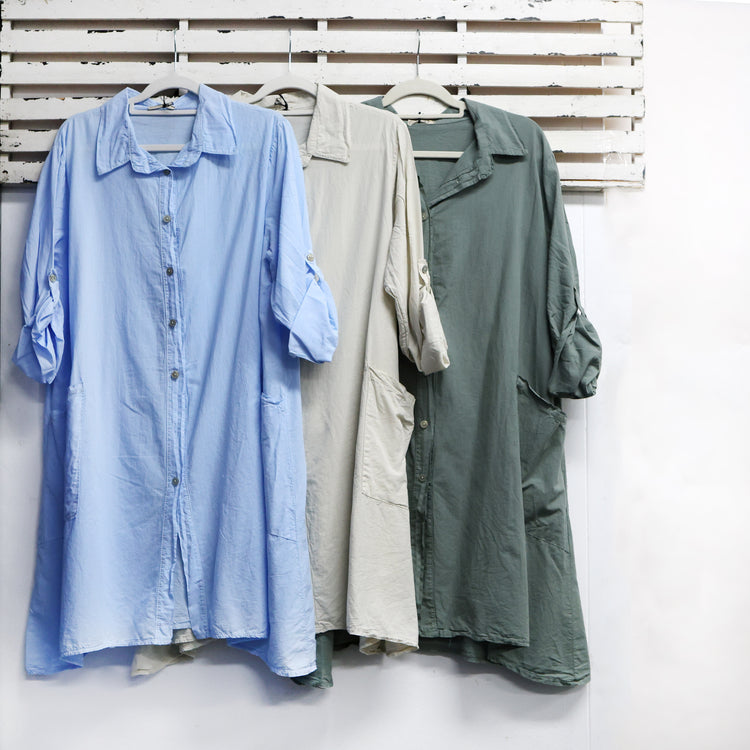 Baby blue cotton dress with collar; pockets and 3/4 sleeves 2 per pack G28910BB