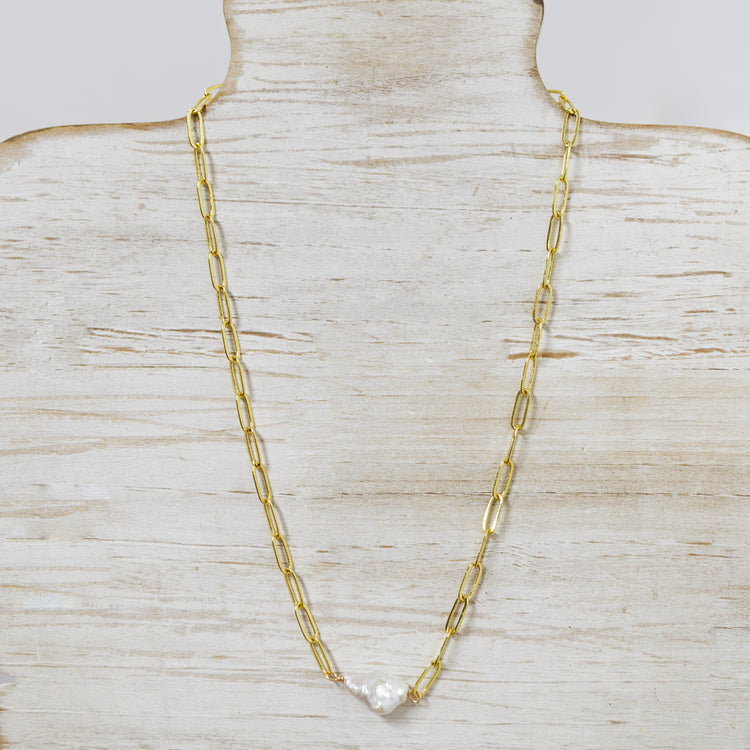 Gold plated gem clip necklace with pearl charm   G31553
