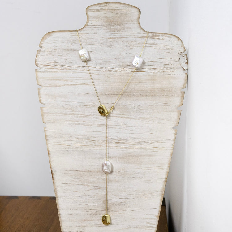 Long gold plated necklace with adjustable clasp fresh water pearls and gold plated charms 2 per pack G31555