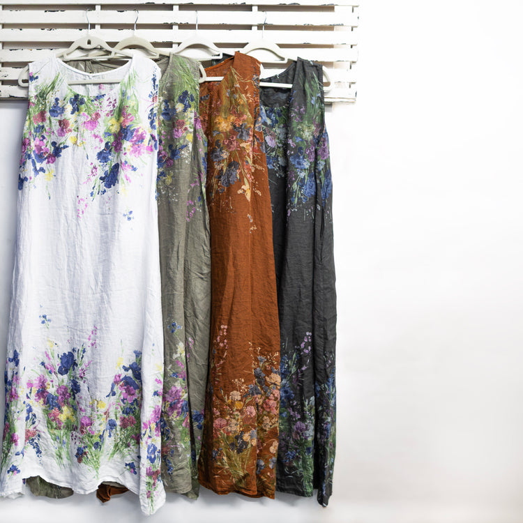 Charcoal  linen flower print long dress 2 per pack   G3267CH