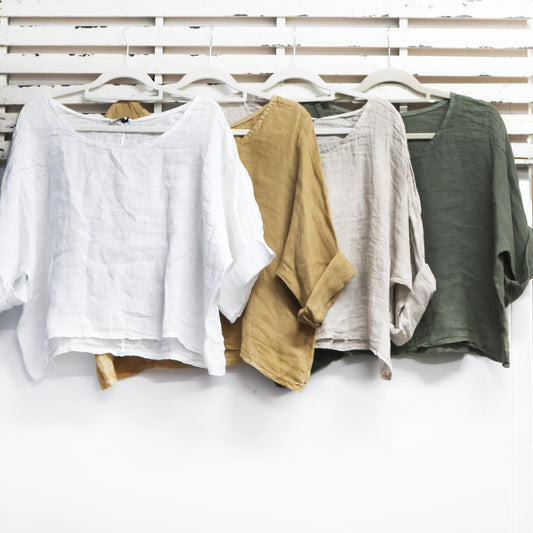 Khaki linen top with round neck and 3/4 sleeve 2 per pack    G51481K