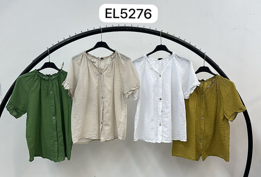 Green cotton button down top with neck and sleeve detail 2 per pack G5276G
