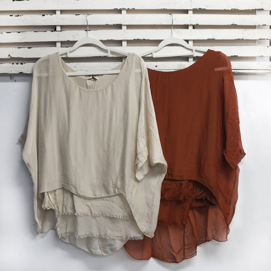Natural silk blend double layer top with front frey layer 2 per pack  G62771N