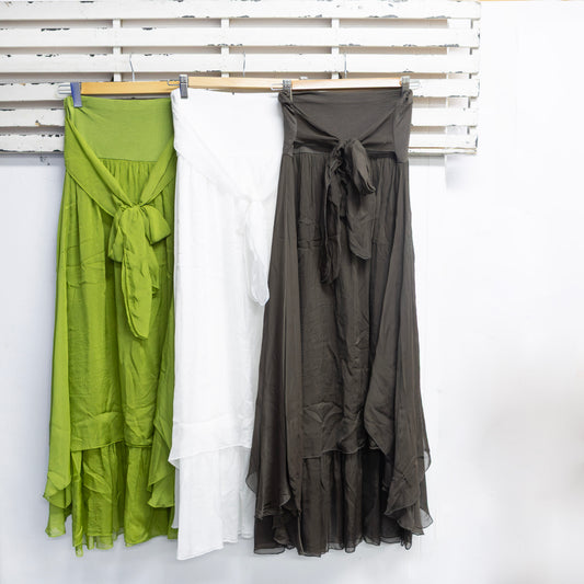 Chocolate silk blend skirt with cotton waist and inlay and tie detail 2 per pack G66448CH