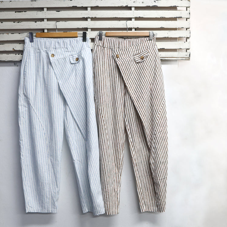White and blue stripe cotton blend pants with button detail 2 per pack G67312WB
