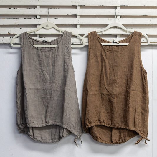 Brown linen sleeveless top with draw string waist 2 per pack                 G67580BR