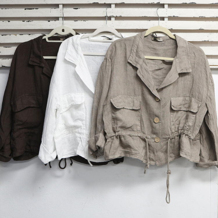 Chocolate linen jacket with pockets and draw string waist 2 per pack  G6761CH