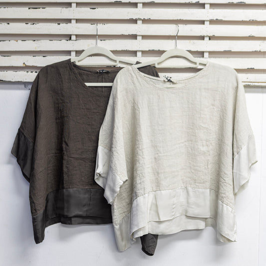 Chocolate linen top with silk blend boarder and 3/4 sleeves 2 per pack  G67752CH