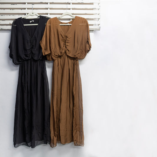 Black  silk blend double layer dress with front detail and elastic waist 2 per pack G67843BL