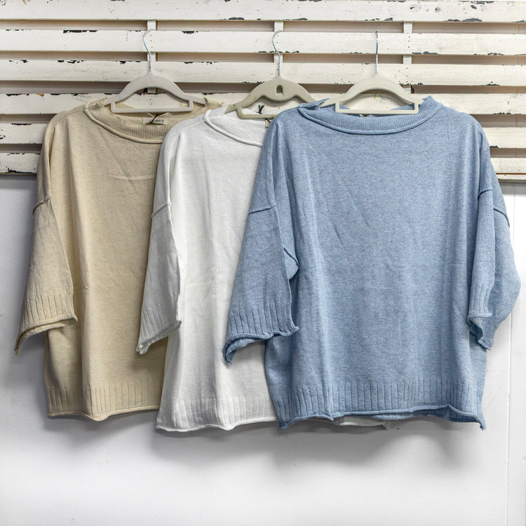 Cotton blend beige top with 3/4 sleeves and ribbed border 2 per pack G8239BE
