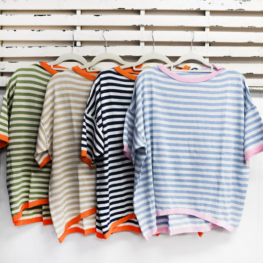 Cotton blend top with blue and white stripes with pink boarder 2 per pack G8270BL