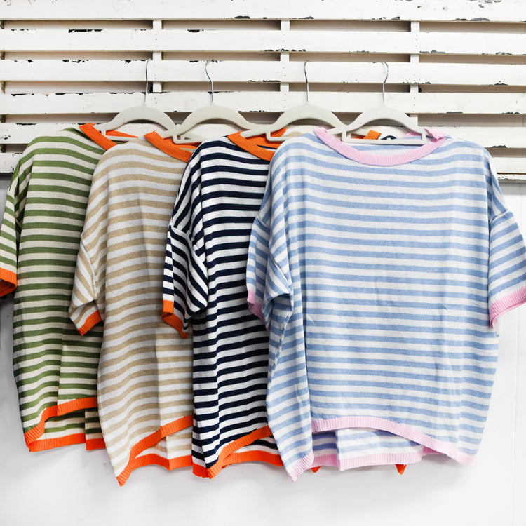 Cotton blend top with blue and white stripes with pink boarder 2 per pack G8270BL