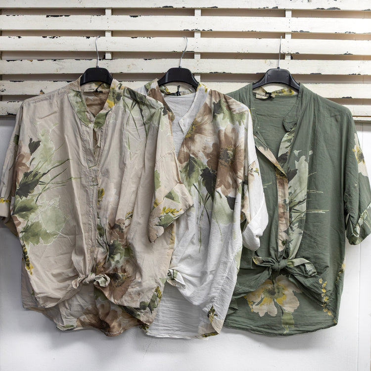 Khaki cotton flower print shirt with 3/4 sleeve 2 per pack   G96679K