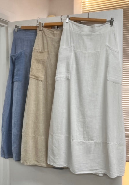 Blue linen skirt with woven front pockets 2 per pack            CGM200B