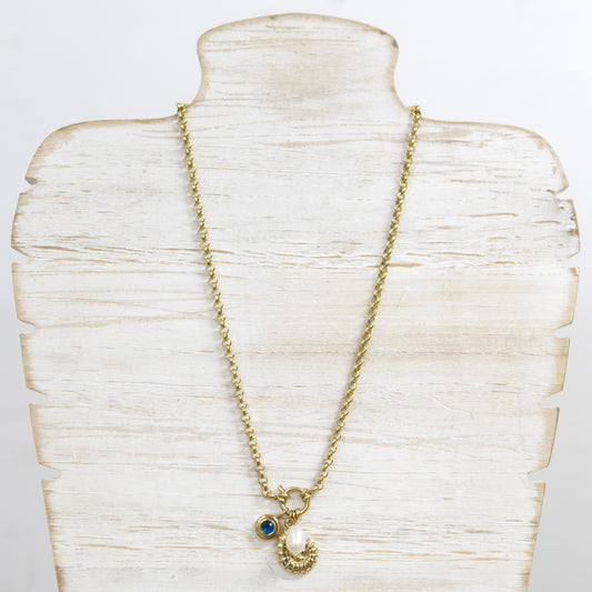 Stainless steel necklace with shell, pearl and blue stone charm 2 per pack  RX009