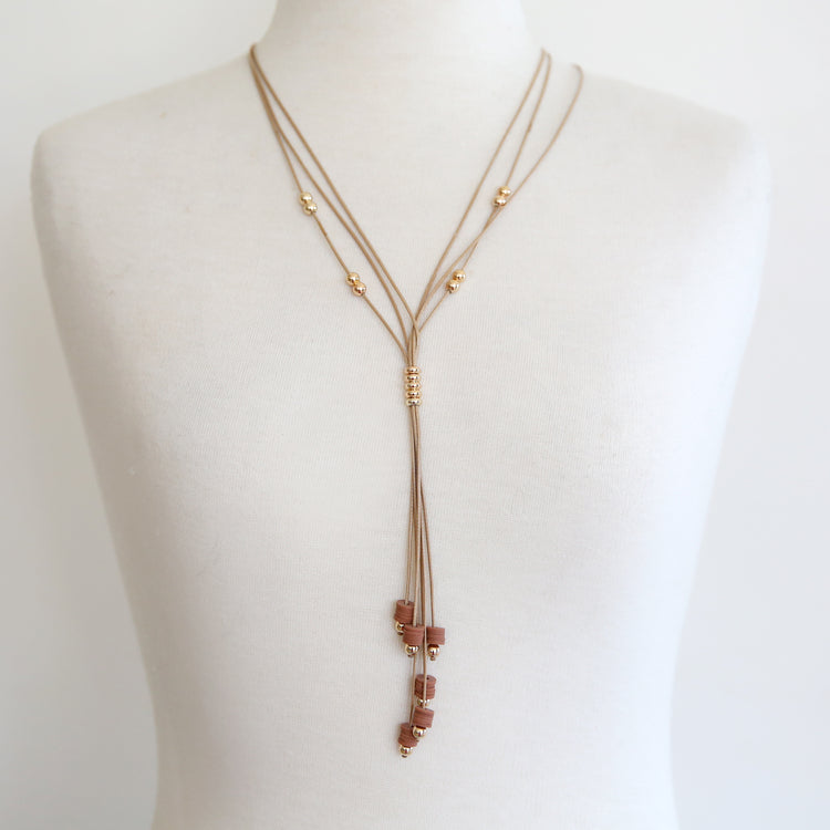 Natural leather long necklace with tassel and charms in antique gold and terracotta pieces with magnetic clasp 2 per pack