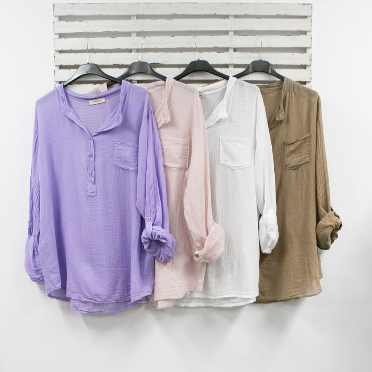 Beige cotton long sleeve top with buttons and pocket 2 per pack