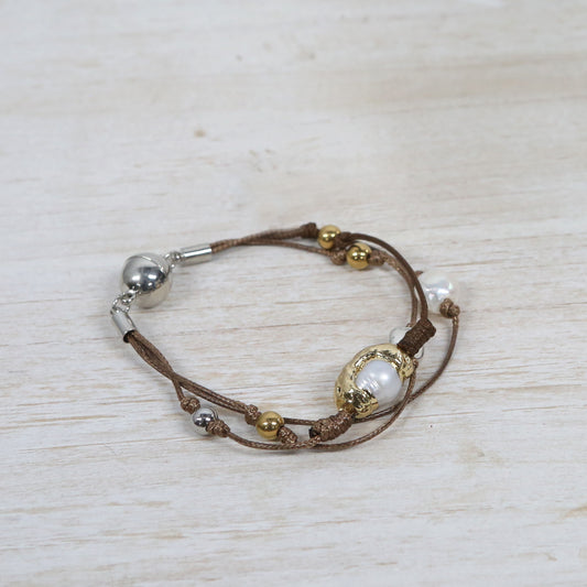 Fawn rope 3 layer bracelet with pearl, silver and gold charms with silver magnetic clasp 2 per pack   AFH805804