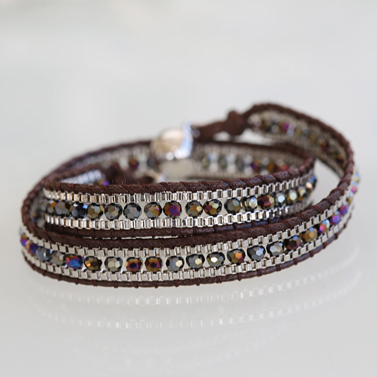 coffee leather brown crystal wrap around bracelet with magnet clasp