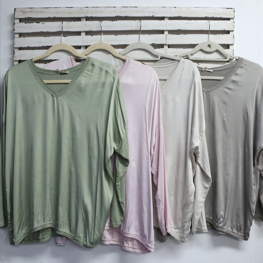 Khaki  v neck long sleeve silk front and cotton back top 2 per pack    CGT008K