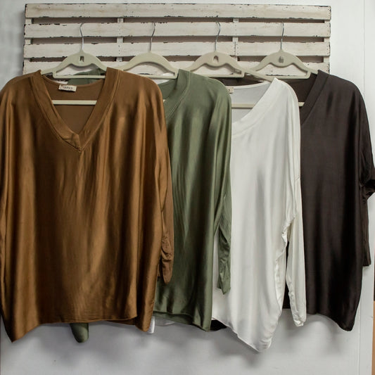 Tobacco v neck silk detail with long sleeves and silk front and cotton back top 2 per pack  CGT012T