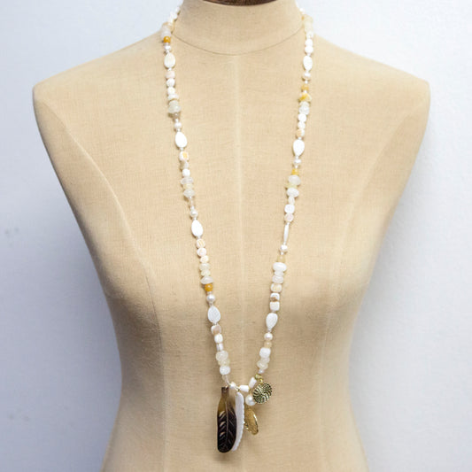 Natural tones long necklace with crystal pearl and gold and feather charms 2 per pack  FJ90023