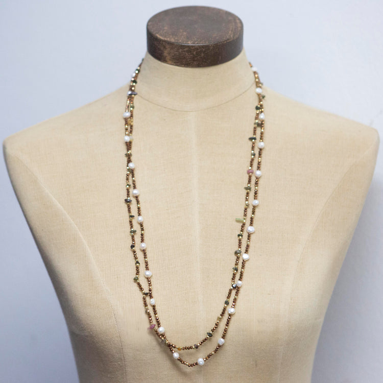 Bronze crystal and pearl double strand necklace with magnetic clasp 2 per pack    FX901417
