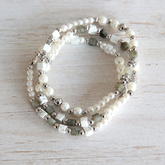 3 row pearl and stone bracelet 2 per pack