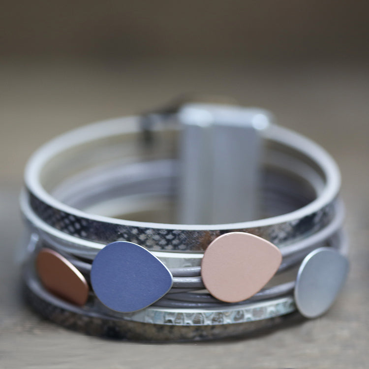 Taupe leather and rope bracelet with silver and rose gold discs and magnetic clasp 2 per pack